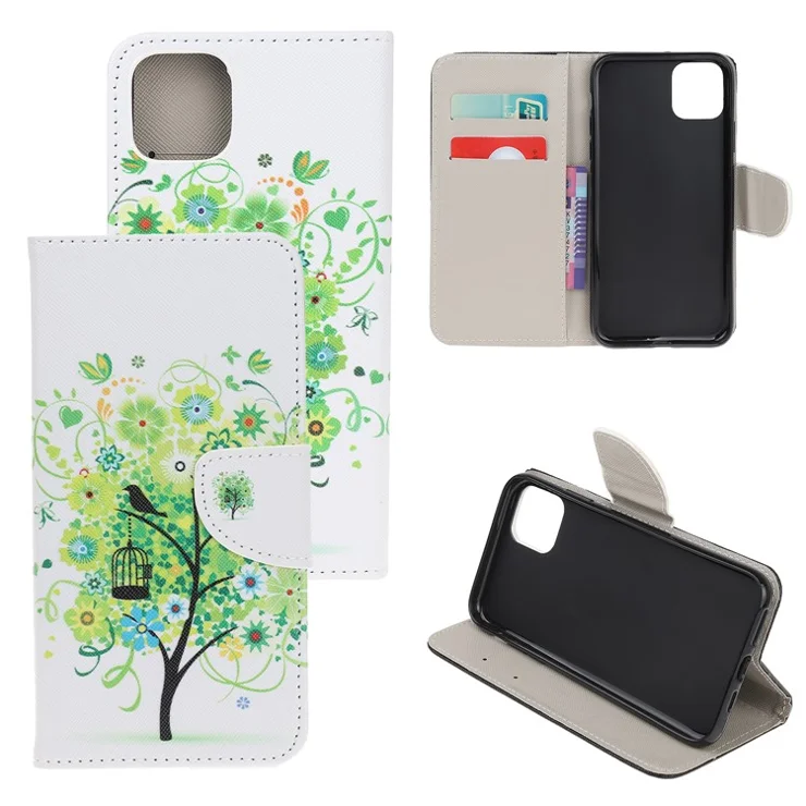 Cross Texture Pattern Printing Wallet Stand Leather Case Protector for iPhone 13 mini 5.4 inch - Green Tree