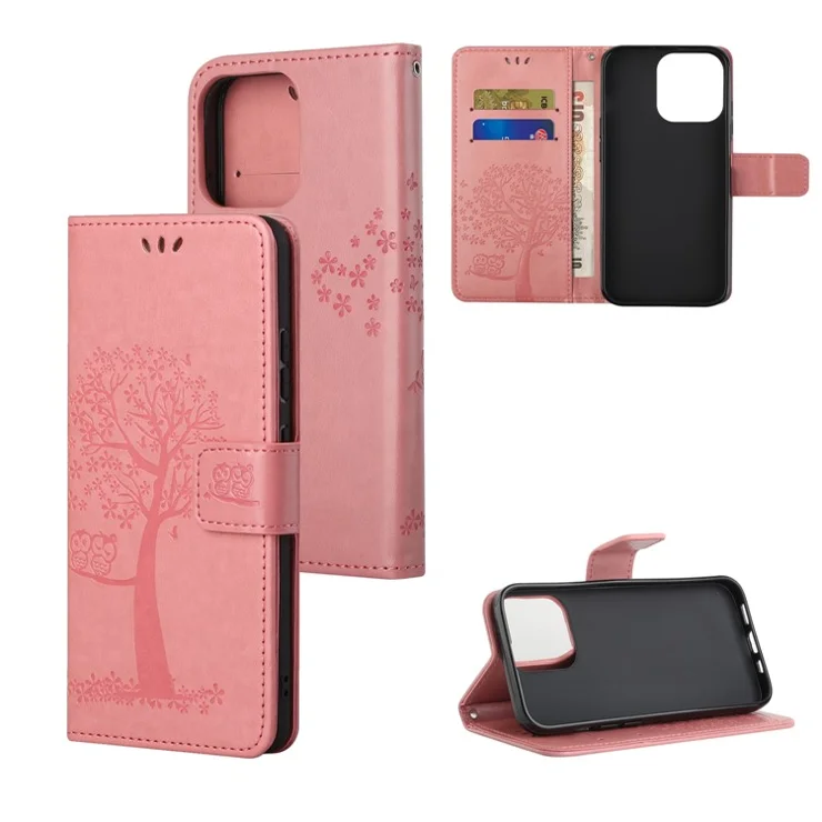 Owl Tree Imprinted Wallet Stand Leather Phone Shell Case for iPhone 13 6.1 inch - Pink