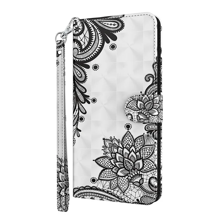 Cool 3D Pattern Printing PU Leather Magnetic Clasp Shockproof Stand Flip Cover with Strap for iPhone 13 mini 5.4 inch - Lace Flower