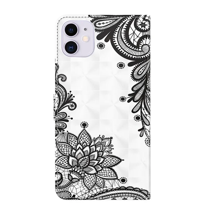 Cool 3D Pattern Printing PU Leather Magnetic Clasp Shockproof Stand Flip Cover with Strap for iPhone 13 mini 5.4 inch - Lace Flower