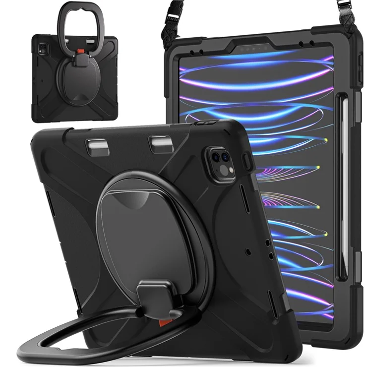 Pen Magnetic-Absorbed Function Design Portable Hybrid Tablet Cover 360° Swivel Kickstand Case with Shoulder Strap for iPad Pro 12.9 inch (2022) / (2021) / (2020) / (2018) - Black