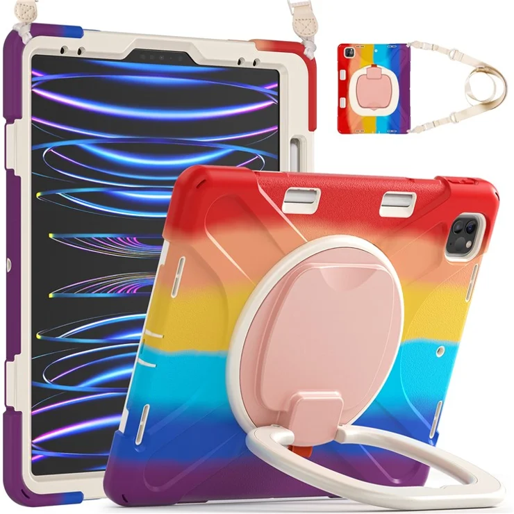 Pen Magnetic-Absorbed Function Design Portable Hybrid Tablet Cover 360° Swivel Kickstand Case with Shoulder Strap for iPad Pro 12.9 inch (2022) / (2021) / (2020) / (2018) - Colorful / Red