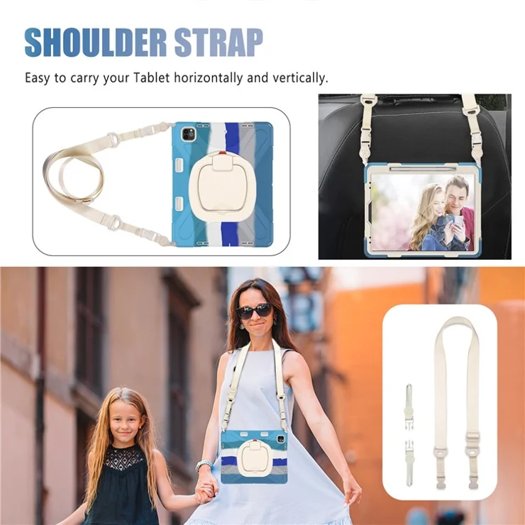 Pen Magnetic-Absorbed Function Design Portable Hybrid Tablet Cover 360° Swivel Kickstand Case with Shoulder Strap for iPad Pro 12.9 inch (2022) / (2021) / (2020) / (2018) - Colorful / Blue