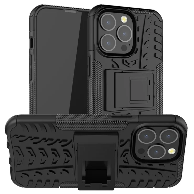 Shockproof Tough Rugged PC + TPU Dual Layer Protective Case Hybrid Kickstand Cover for iPhone 13 Pro 6.1 inch - Black