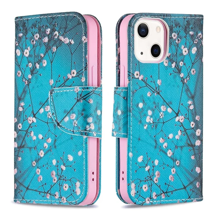 Premium PU Leather Funny Pattern Printing Flip Wallet Stand Case Cover for iPhone 13 mini 5.4 inch - Plum Blossom