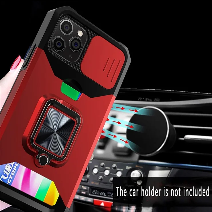 Camera Slider Drop-Resistant Hybrid Phone Case Cover Shell with Card Holder for iPhone 11 Pro 5.8 inch - Rose Gold