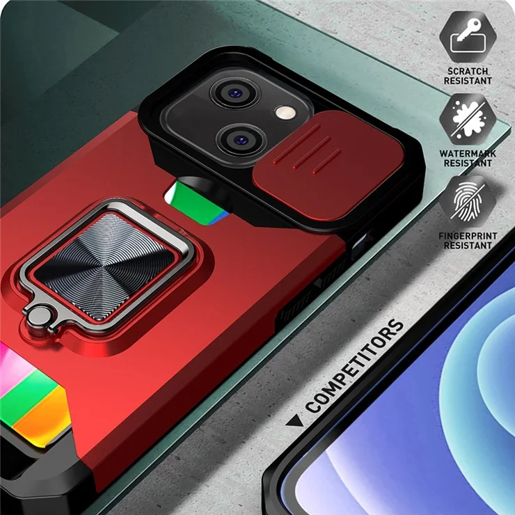 Removable Lens Shield Design Hybrid Phone Case Cover Shell with Card Holder for iPhone 13 6.1 inch - Blackish Green