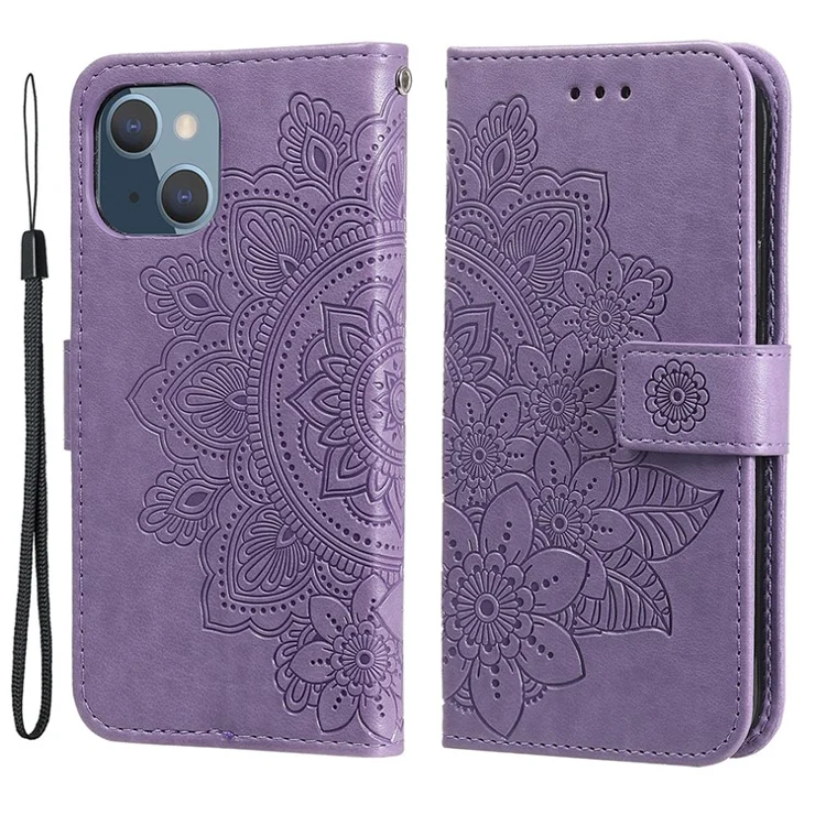 Flower Imprinting Wallet Anti-Scratch Leather Phone Stand Protector Case for iPhone 13 mini 5.4 inch - Light Purple