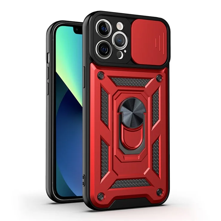 Camera Slide Shockproof Phone Case Anti-drop Back Cover with Kickstand for iPhone 13 Pro Max 6.7 inch - Red