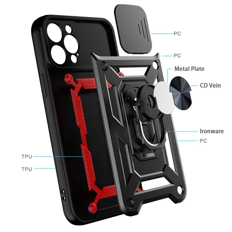 Drop-resistant Camera Slide Phone Case Back Cover with Kickstand for iPhone 13 Pro 6.1 inch - Blue