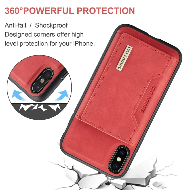 DG.MING M2 Series Magnetic Anti-drop Wallet Design Leather Coated Hybrid Case with Kickstand for iPhone X/XS 5.8 inch - Red