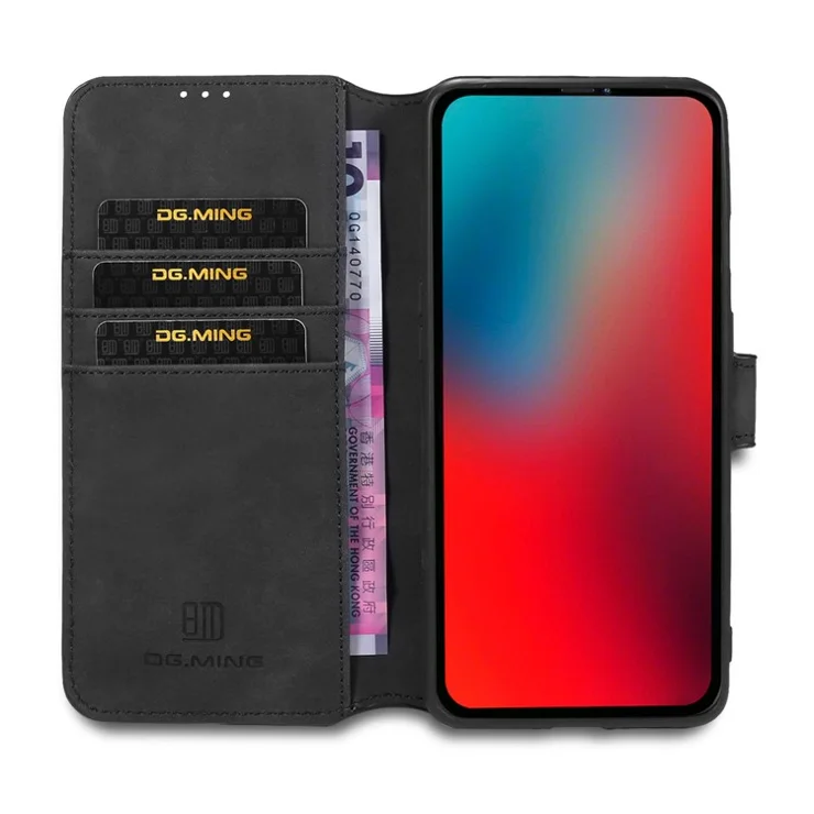 DG.MING Retro Style Leather Folio Flip Phone Cover with Wallet Stand Design for iPhone 13 mini 5.4 inch - Black