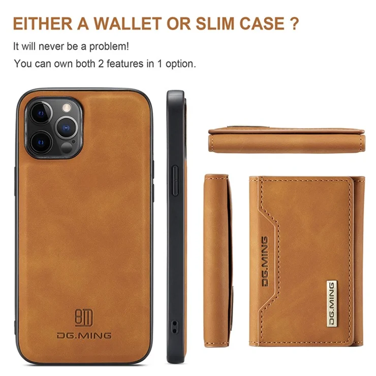 DG.MING M2 Series Enhanced Four Corners Magnetic Detachable 8 Card Slots Design Wireless Charging Hybrid Kickstand Case for iPhone 13 Pro Max 6.7 inch - Brown