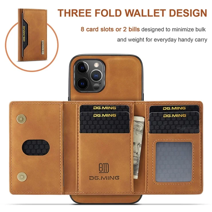 DG.MING M2 Series Enhanced Four Corners Magnetic Detachable 8 Card Slots Design Wireless Charging Hybrid Kickstand Case for iPhone 13 Pro Max 6.7 inch - Brown