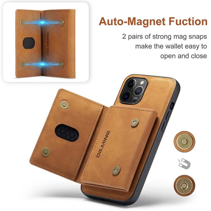 DG.MING M2 Series Enhanced Four Corners Magnetic Detachable 8 Card Slots Design Wireless Charging Hybrid Kickstand Case for iPhone 13 Pro Max 6.7 inch - Brown