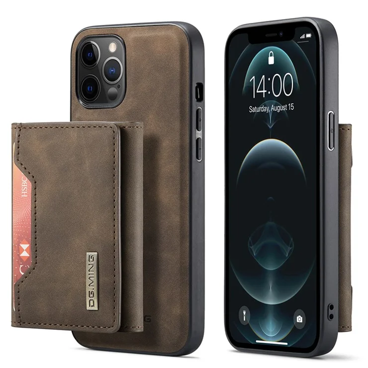 DG.MING M2 Series Enhanced Four Corners Magnetic Detachable 8 Card Slots Design Wireless Charging Hybrid Kickstand Case for iPhone 13 Pro Max 6.7 inch - Coffee