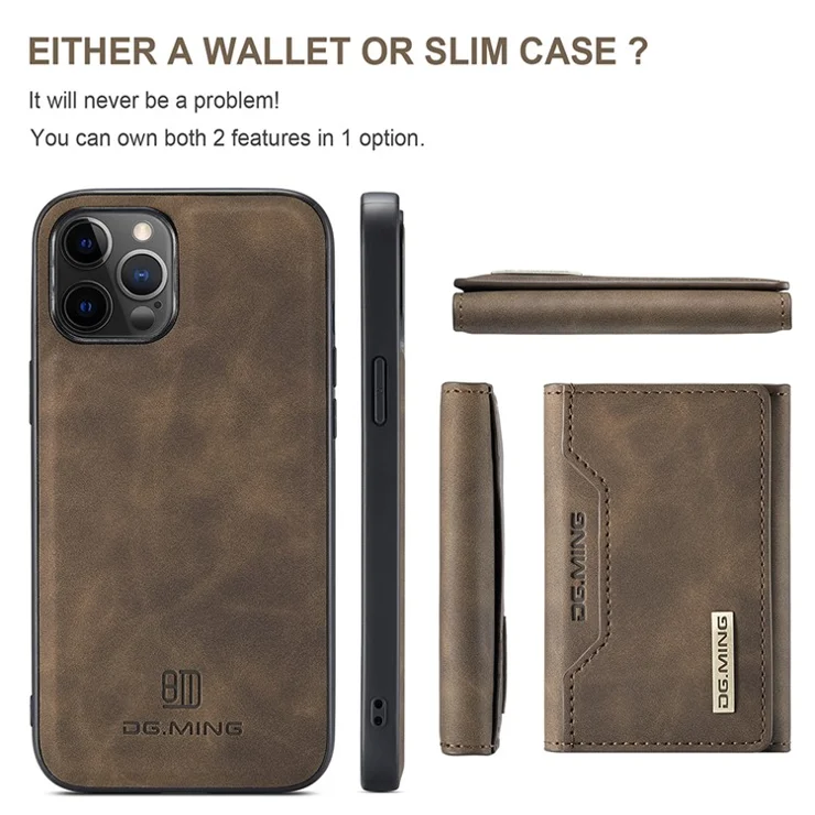 DG.MING M2 Series Enhanced Four Corners Magnetic Detachable 8 Card Slots Design Wireless Charging Hybrid Kickstand Case for iPhone 13 Pro Max 6.7 inch - Coffee