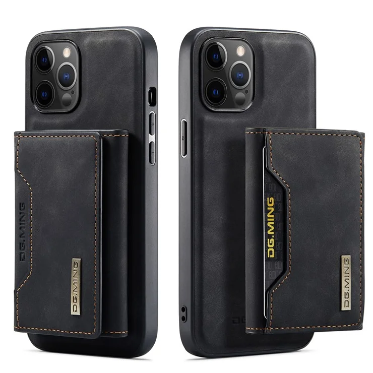 DG.MING M2 Series Magnetic Detachable 2-in-1Tri-Fold Wallet Wireless Charging Hybrid Kickstand Case for iPhone 13 Pro 6.1 inch - Black