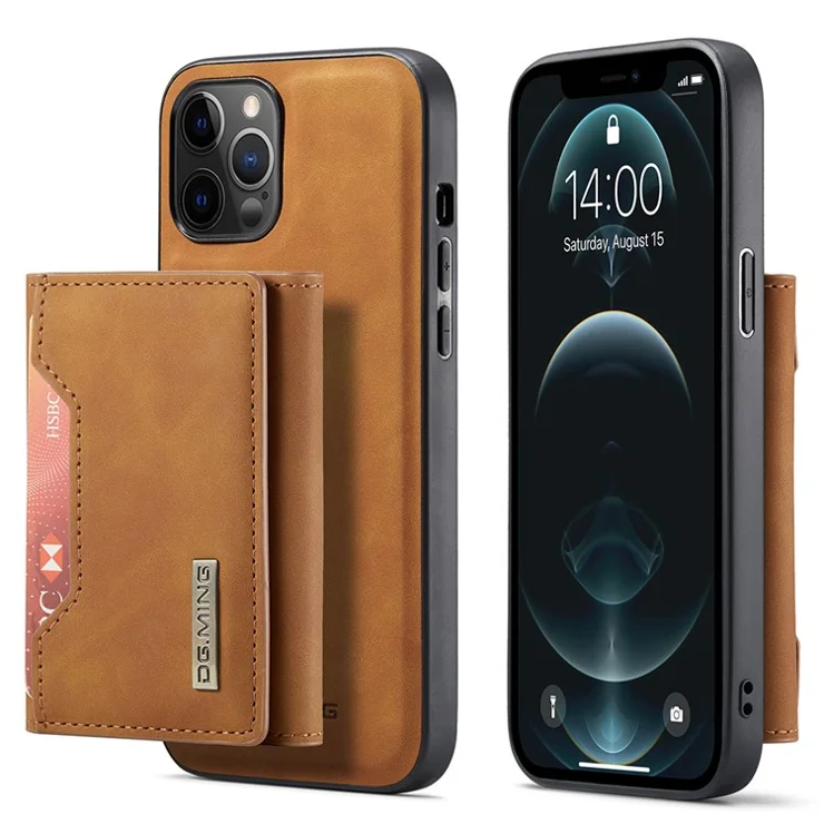 DG.MING M2 Series Magnetic Detachable 2-in-1Tri-Fold Wallet Wireless Charging Hybrid Kickstand Case for iPhone 13 Pro 6.1 inch - Brown