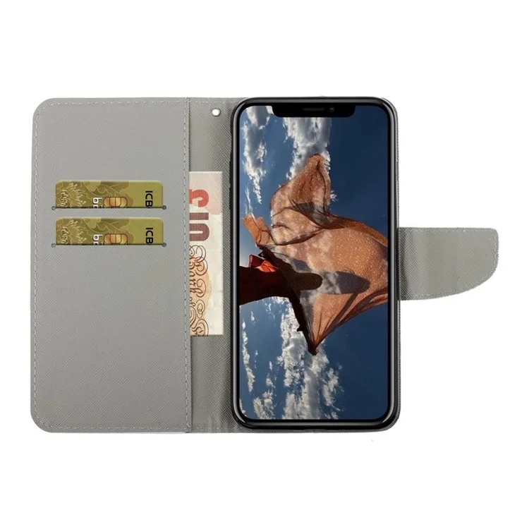 Handy Strap Pattern-Printing Full Protection Leather Cell Case with Wallet and Stand for iPhone 13 Pro Max 6.7 inch - Feather
