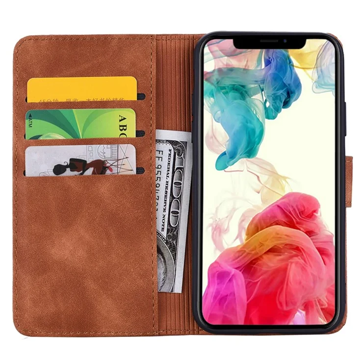Imprint Flower Premium PU Leather Wallet Flip Protective Case with Magnetic Closure and Stand for iPhone 13 mini 5.4 inch - Brown