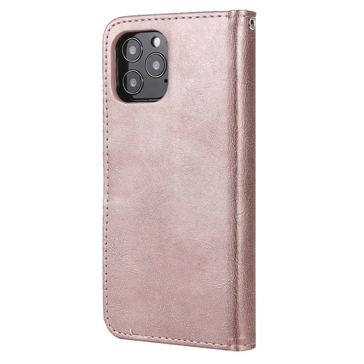 For iPhone 12 / 12 Pro Case 2 in 1 Detachable Magnetic Leather Wallet Mobile Cover with Strap - Rose Gold