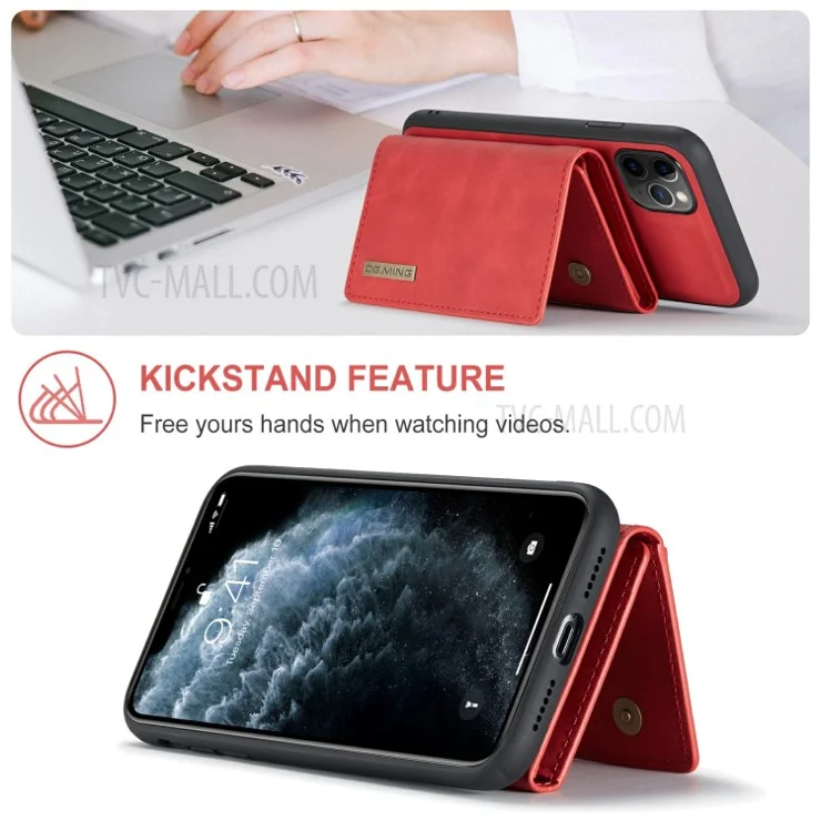 DG.MING M1 Series Enhanced Four Corner Detachable Wallet + Leather Coated Hybrid Cover Shell with Kickstand for iPhone 11 Pro 5.8 inch - Red