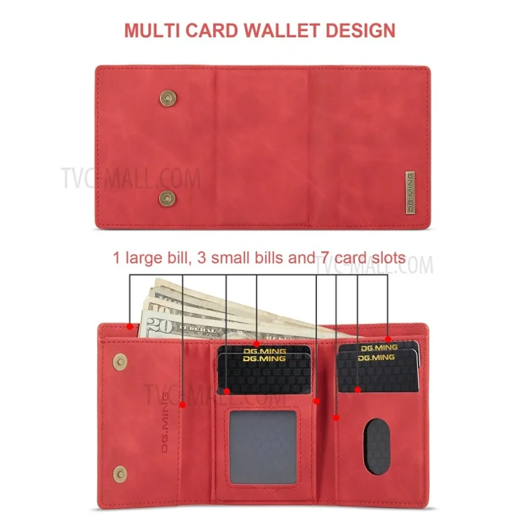 DG.MING M1 Series Enhanced Four Corner Detachable Wallet + Leather Coated Hybrid Cover Shell with Kickstand for iPhone 11 Pro 5.8 inch - Red