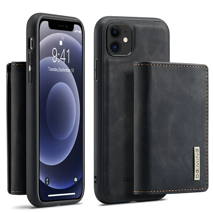 DG.MING M1 Series Fully-Wrapped Detachable Wallet + Leather Coated Hybrid Cover Shell with Kickstand for iPhone 11 6.1 inch - Black