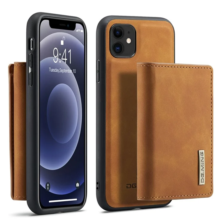 DG.MING M1 Series Fully-Wrapped Detachable Wallet + Leather Coated Hybrid Cover Shell with Kickstand for iPhone 11 6.1 inch - Brown
