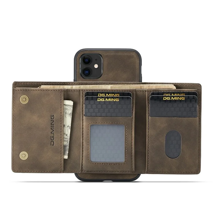 DG.MING M1 Series Fully-Wrapped Detachable Wallet + Leather Coated Hybrid Cover Shell with Kickstand for iPhone 11 6.1 inch - Coffee