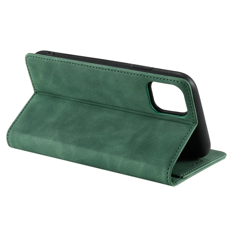 001 Series Auto-absorbed Skin-touch Feeling Leather Well-protected Wallet Phone Case for iPhone 13 6.1 inch - Green