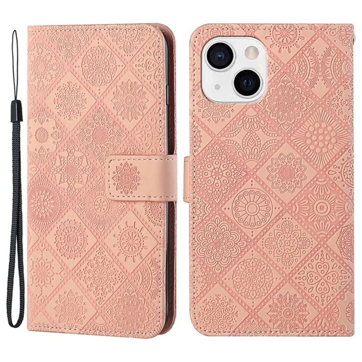 Ethnic Style Imprinted Flower Wrist Strap Magnetic Clasp Protective Wallet Leather Case with Stand and for iPhone 13 6.1 inch - Pink