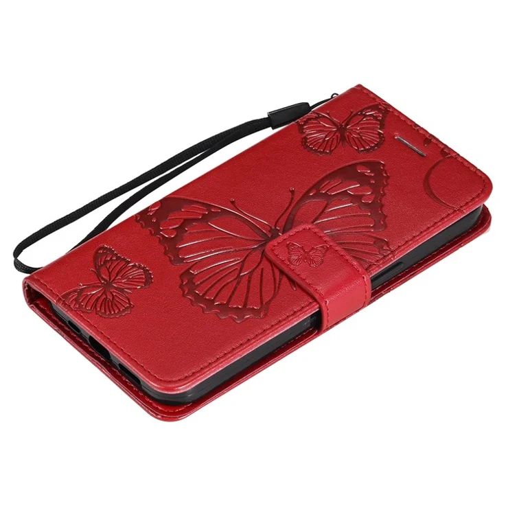 For iPhone 13 mini Wallet Case Floral Butterfly Imprinted Leather Phone Cover Stand - Red