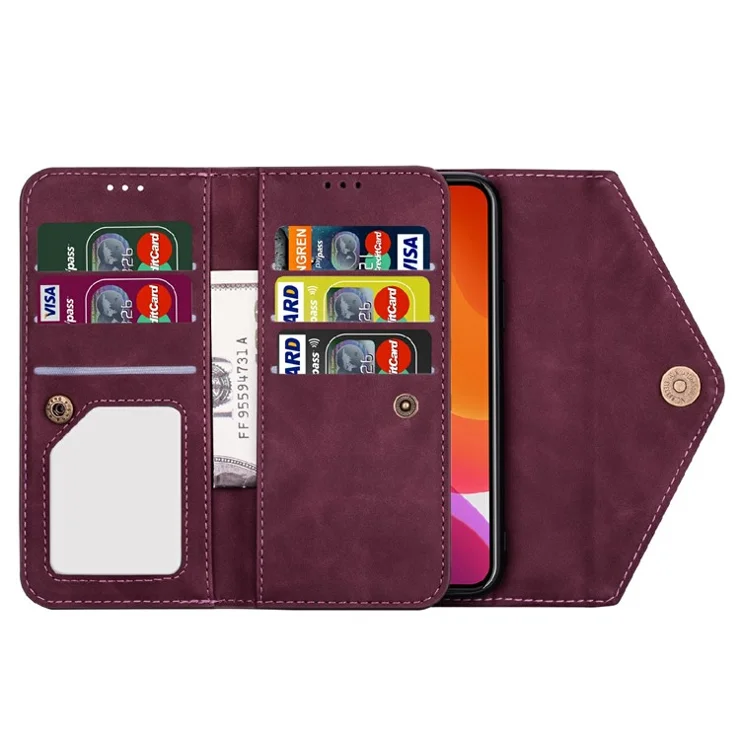 Full Protection Leather Zipper Wallet Design Skin Feeling Phone Case with Stand and Strap for iPhone 13 mini 5.4 inch - Wine Red