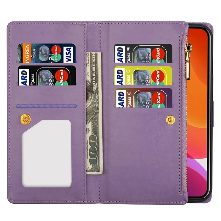 Glittery Starry Style Laser Carving Zipper Wallet Stand Leather Phone Case for iPhone 13 mini 5.4 inch - Purple