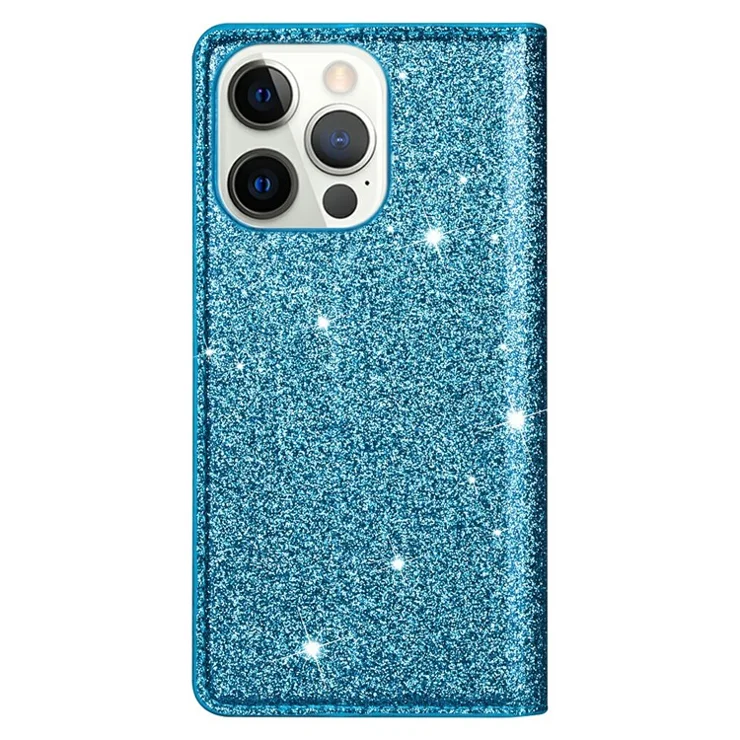 Ultra-thin Flash Powder PU Leather Protective Stand Case Cover with Card Holder for iPhone 13 Pro 6.1 inch - Blue