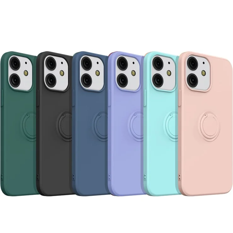 Adjustable Ring Kickstand Design Eco-Friendly Liquid Silicone Phone Protective Case Shell with Handy Strap for iPhone 13 6.1 inch - Pink