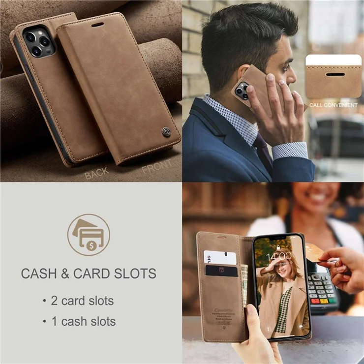 CASEME 013 Series Wallet Stand All-round Protection PU Leather Shell Case for iPhone 13 Pro Max 6.7 inch - Brown