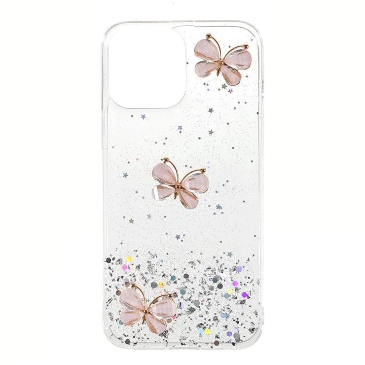 3D Butterfly Pattern Glitter Powder Epoxy TPU Phone Case Protector for iPhone 13 Pro Max 6.7 inch - Transparent