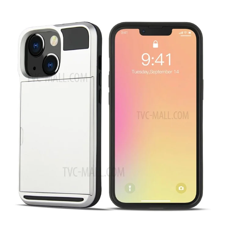 TPU + PC Hybrid Phone Case Protective Cover with Slide Card Holder for iPhone 13 Pro Max 6.7 inch - Silver
