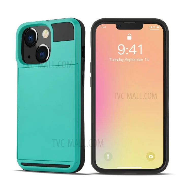 TPU + PC Hybrid Phone Case Protective Cover with Slide Card Holder for iPhone 13 Pro Max 6.7 inch - Blue