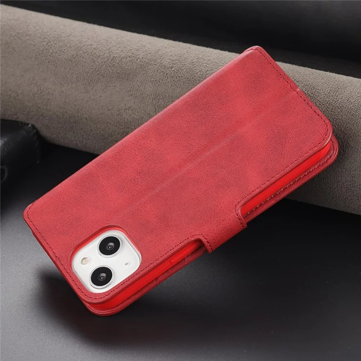 AZNS Magnetic Clasp Wallet Stand Design Anti-Scratch Lightweight Leather Phone Cover Case for iPhone 13 mini 5.4 inch - Red