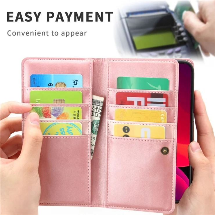 Multiple Card Slots Split Leather Phone Stand Case Cover with Strap for iPhone 13 6.1 inch - Rose Gold