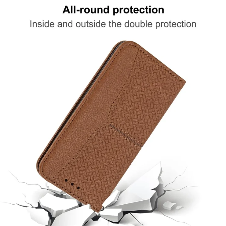 Auto-Absorbed Woven Texture Wallet Stand Leather Case with Handy Strap for iPhone 11 6.1 inch - Brown