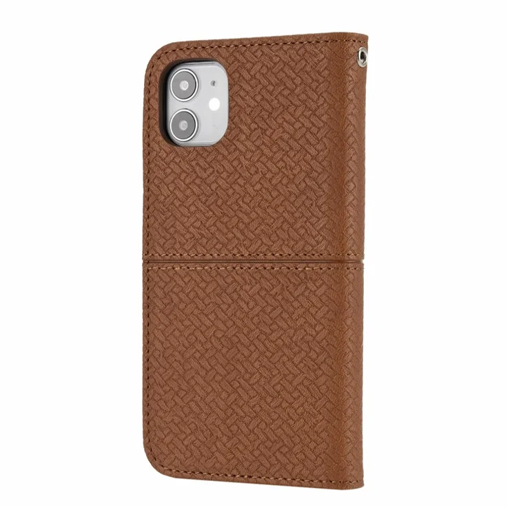 Auto-Absorbed Woven Texture Wallet Stand Leather Case with Handy Strap for iPhone 11 6.1 inch - Brown