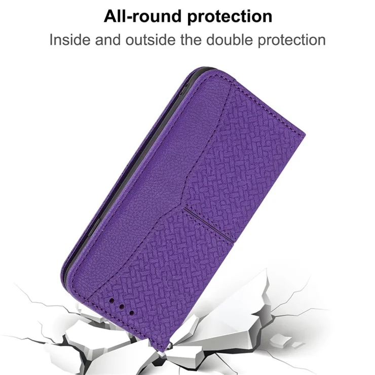 Auto-Absorbed Woven Texture Wallet Stand Leather Case with Handy Strap for iPhone 11 6.1 inch - Purple
