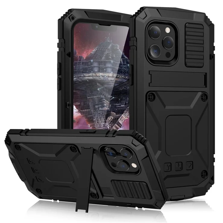 R-JUST Kickstand Full-Body Protective Cover Shockproof Metal Case with Built-in Screen Protector for iPhone 13 Pro 6.1 inch - Black