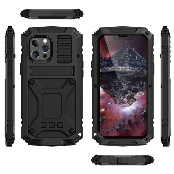 R-JUST Kickstand Full-Body Protective Cover Shockproof Metal Case with Built-in Screen Protector for iPhone 13 Pro 6.1 inch - Black