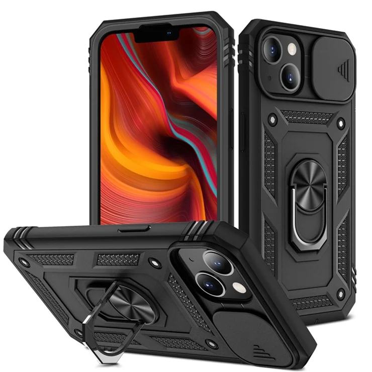 Anti-Drop Shockproof Camera Slider Design 3-in-1 TPU + PC + Metal Phone Cover Case for iPhone 13 6.1 inch - Black